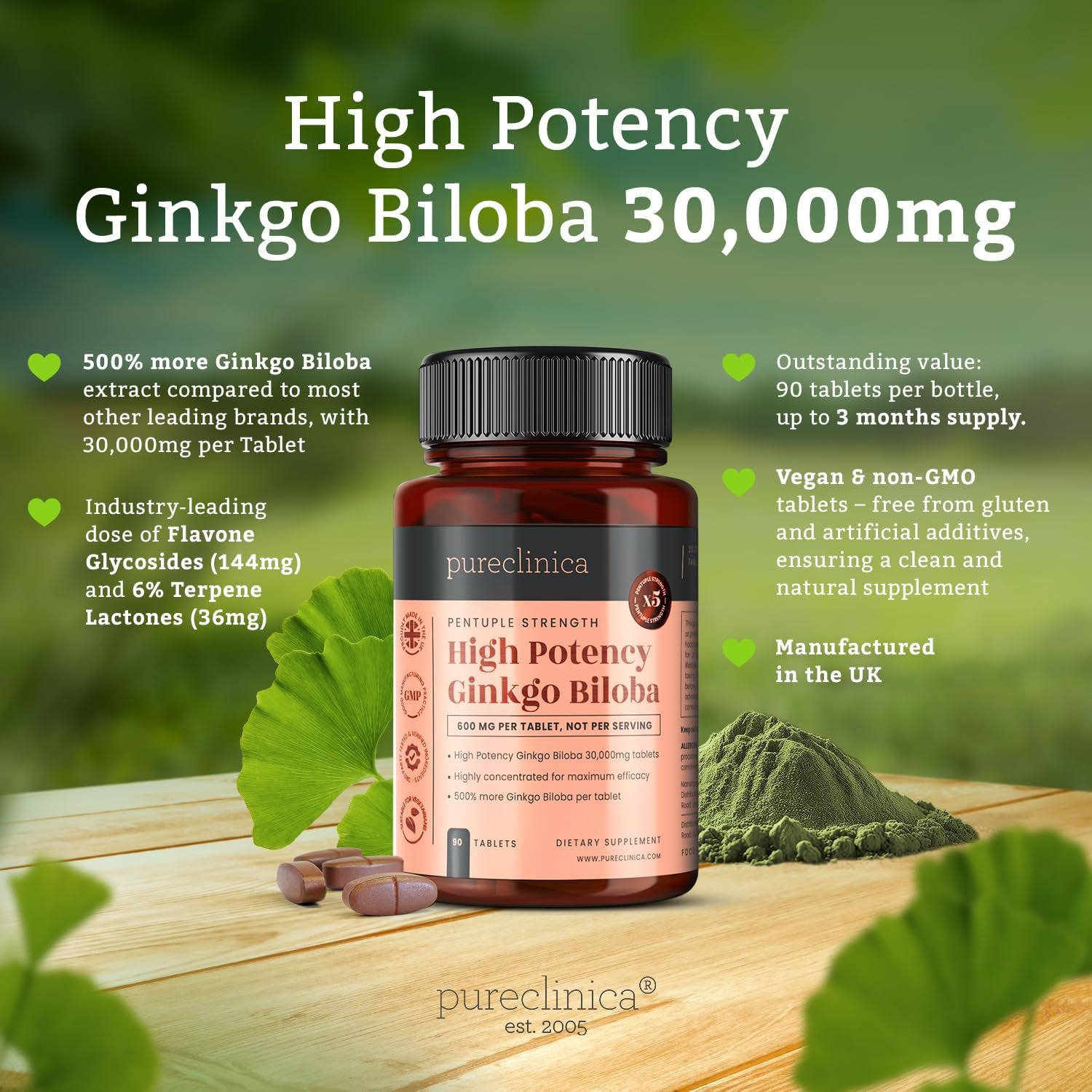 Pureclinica High Potency Ginkgo Biloba 30,000Mg X 90 Tablets - 3 Months Supply - 5 Times the Strength of Competitor Products