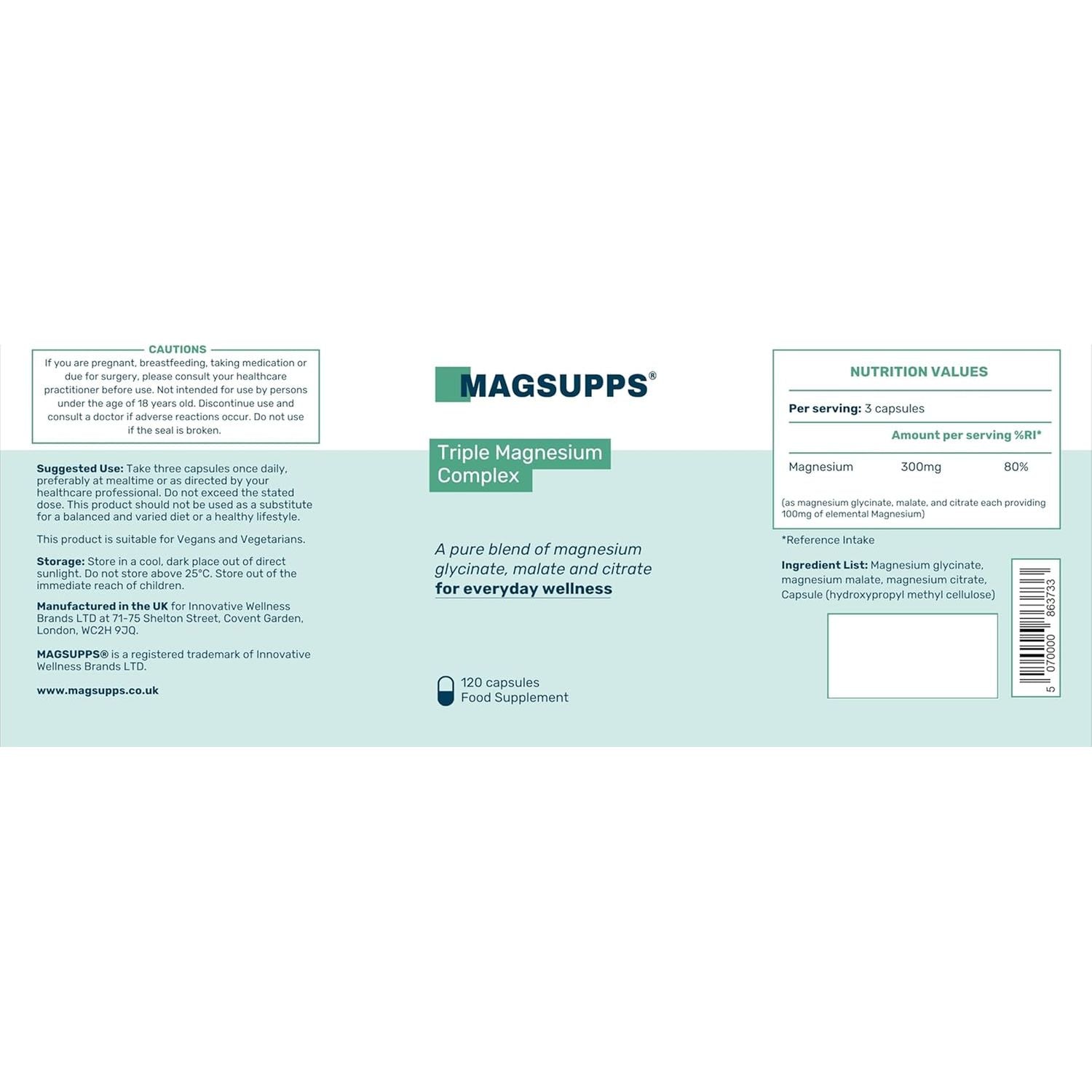 MAGSUPPS Triple Magnesium Complex for Muscles, Calm, Sleep & Energy - 300Mg of Pure Magnesium Glycinate, Malate & Citrate - 120 Capsules - 40 Servings - UK Made - Lab Tested - No Fillers