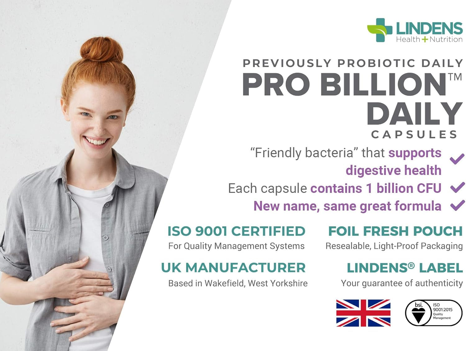 Lindens - Pro Billion Daily - Acidophilus Lactobacillus - 120 Capsules - UK Made - 1 Billion CFU Friendly Bacteria - Supports Digestive Health - Vegan Friendly - GMP & Letterbox Friendly