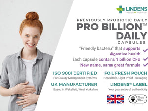 Lindens - Pro Billion Daily - Acidophilus Lactobacillus - 120 Capsules - UK Made - 1 Billion CFU Friendly Bacteria - Supports Digestive Health - Vegan Friendly - GMP & Letterbox Friendly