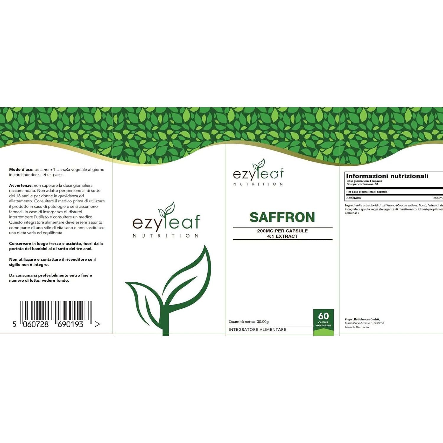 EZ Saffron Supplement | 60 High Strength Saffron Capsules - 200Mg (From 4:1 Extract) Safron Herb Extract per Serving | Non-Gmo, Gluten & Allergen Free | Manufactured in the UK