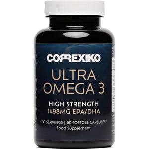 CORREXIKO Ultra Omega 3 Capsules - High Strength 1000Mg EPA & 498Mg DHA - Aids Skin Hydration to Reduce Fine Lines & Dry, Dehydrated Skin - Supports Joint & Brain Health - 60 Tablets, 1 Month Supply