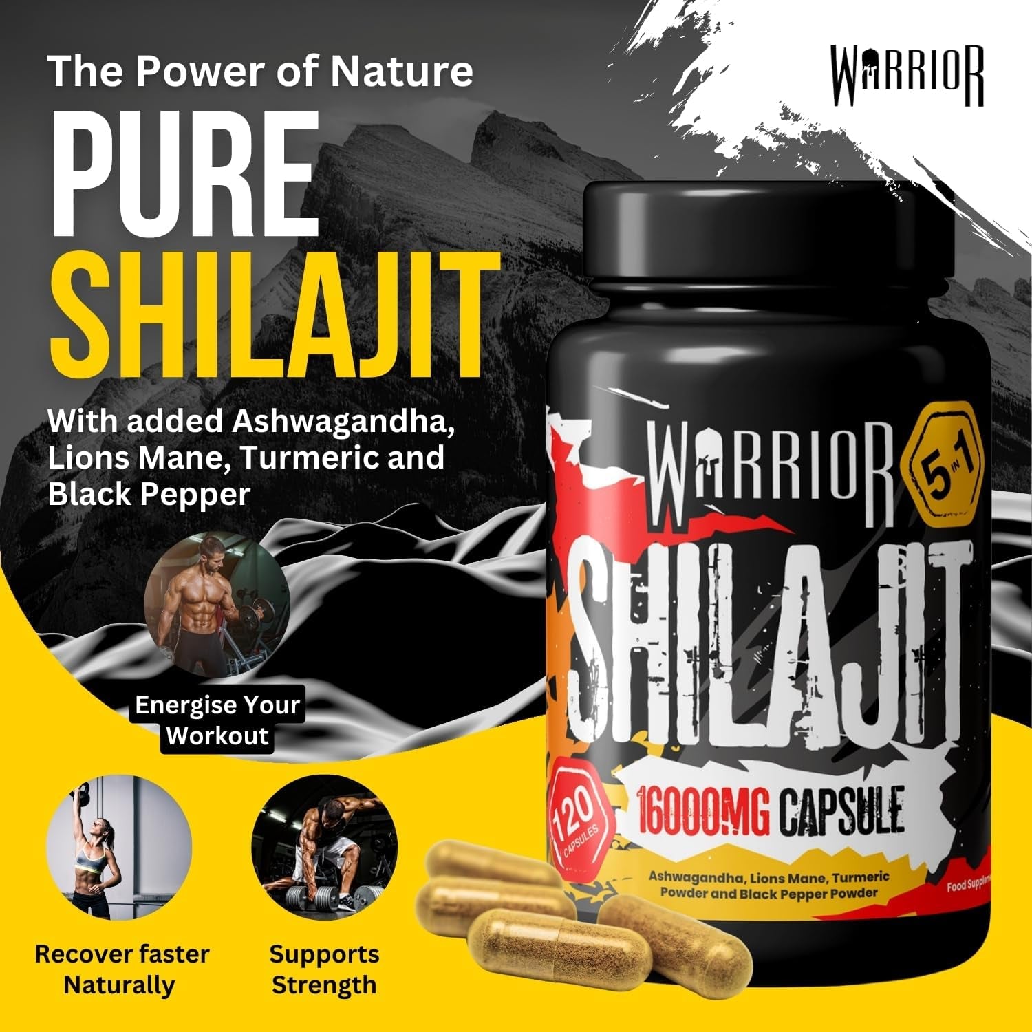 Warrior SHILAJIT Capsules (120 Capsule and Servings) – 5 in 1 Supplement (Not Resin) – 16000Mg Pure Organic Extract – Includes Ashwagandha, Lions Mane, Turmeric & Black Pepper