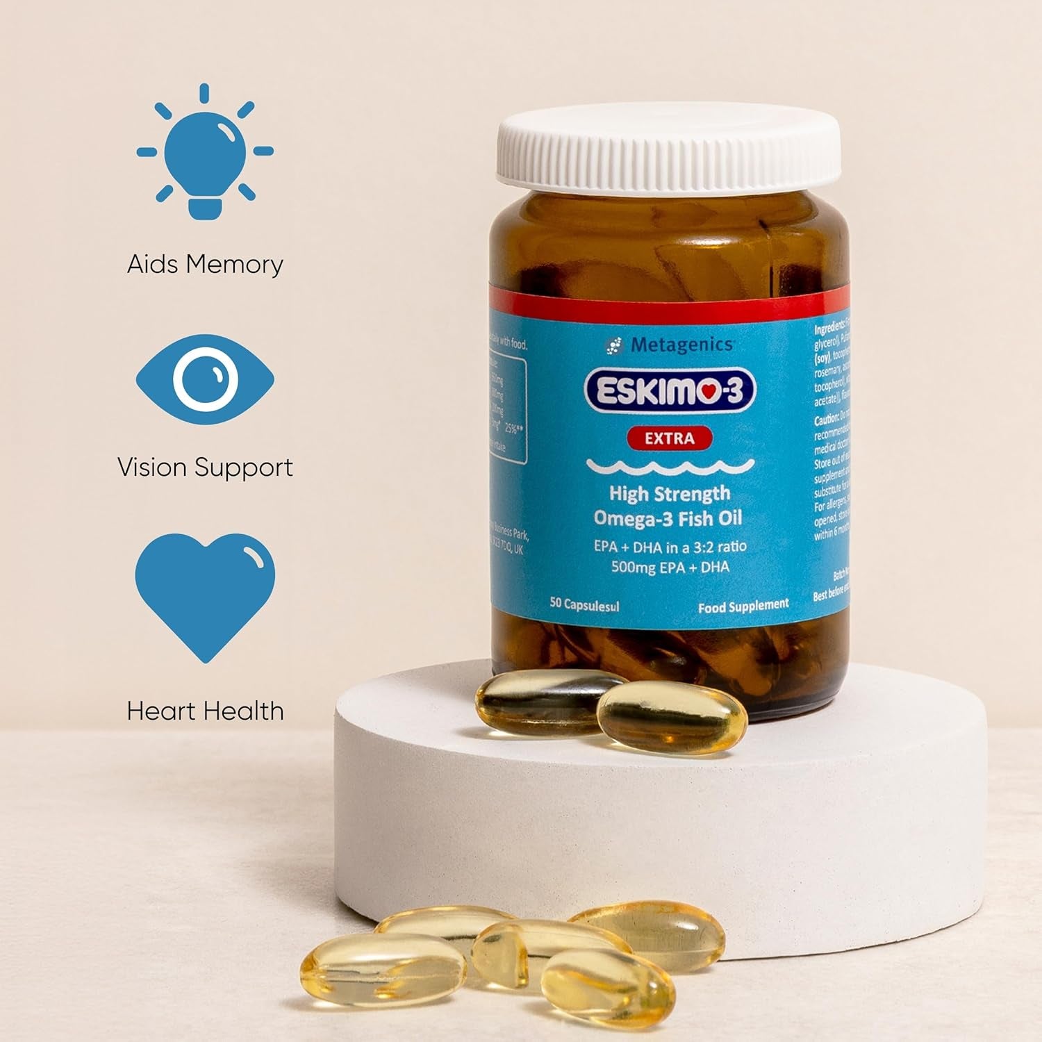 Eskimo-3 Extra High Strength Omega-3 Fish Oil by Metagenics - 500Mg Essential Fatty Acids EPA & DHA - 50 Capsules