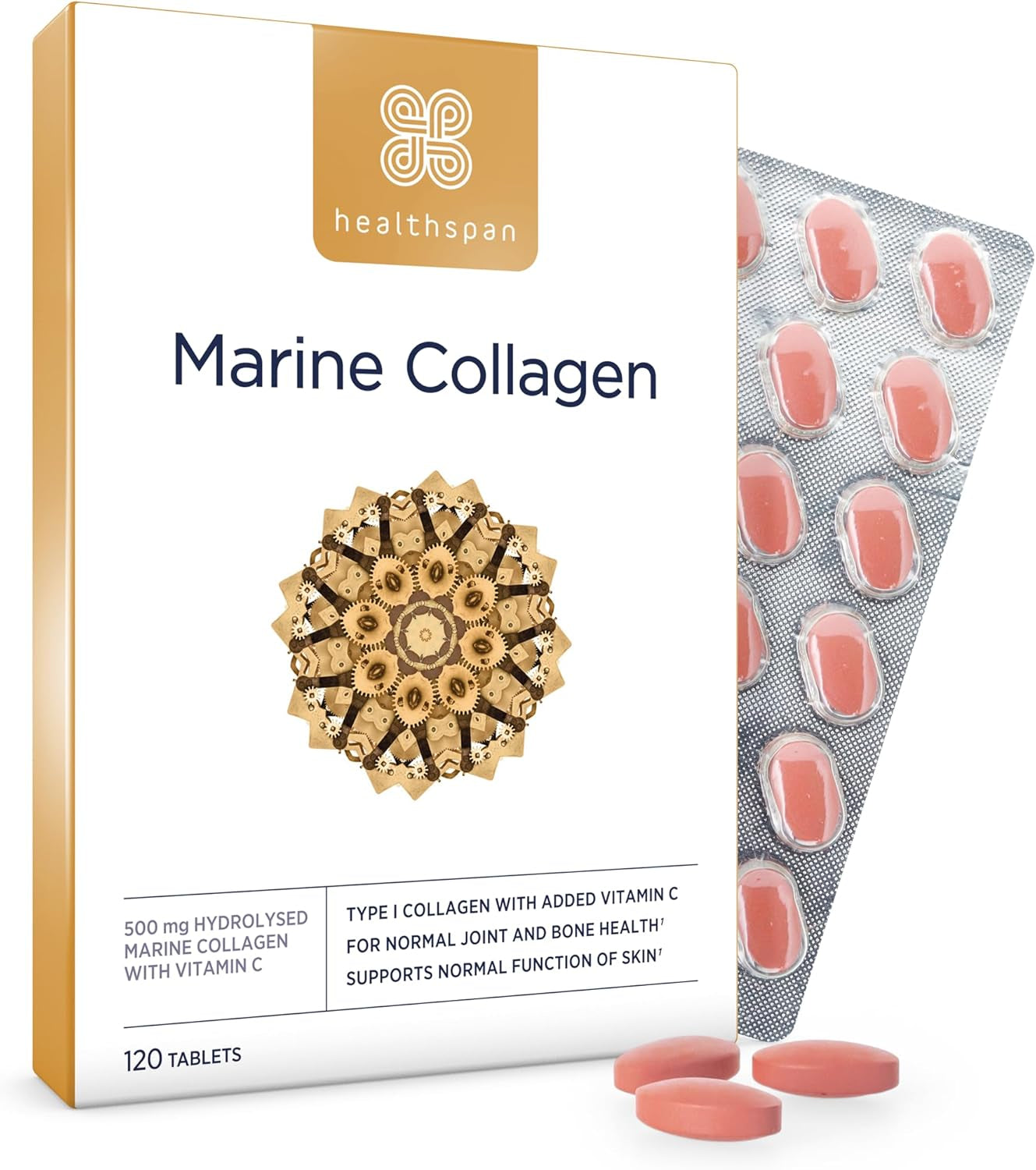 Healthspan Marine Collagen 500Mg (120 Tablets) | Hydrolysed Type I Marine Collagen | Support Your Skin, Bones & Joints | Added Benefits for Skin & Beauty | with Vitamin C