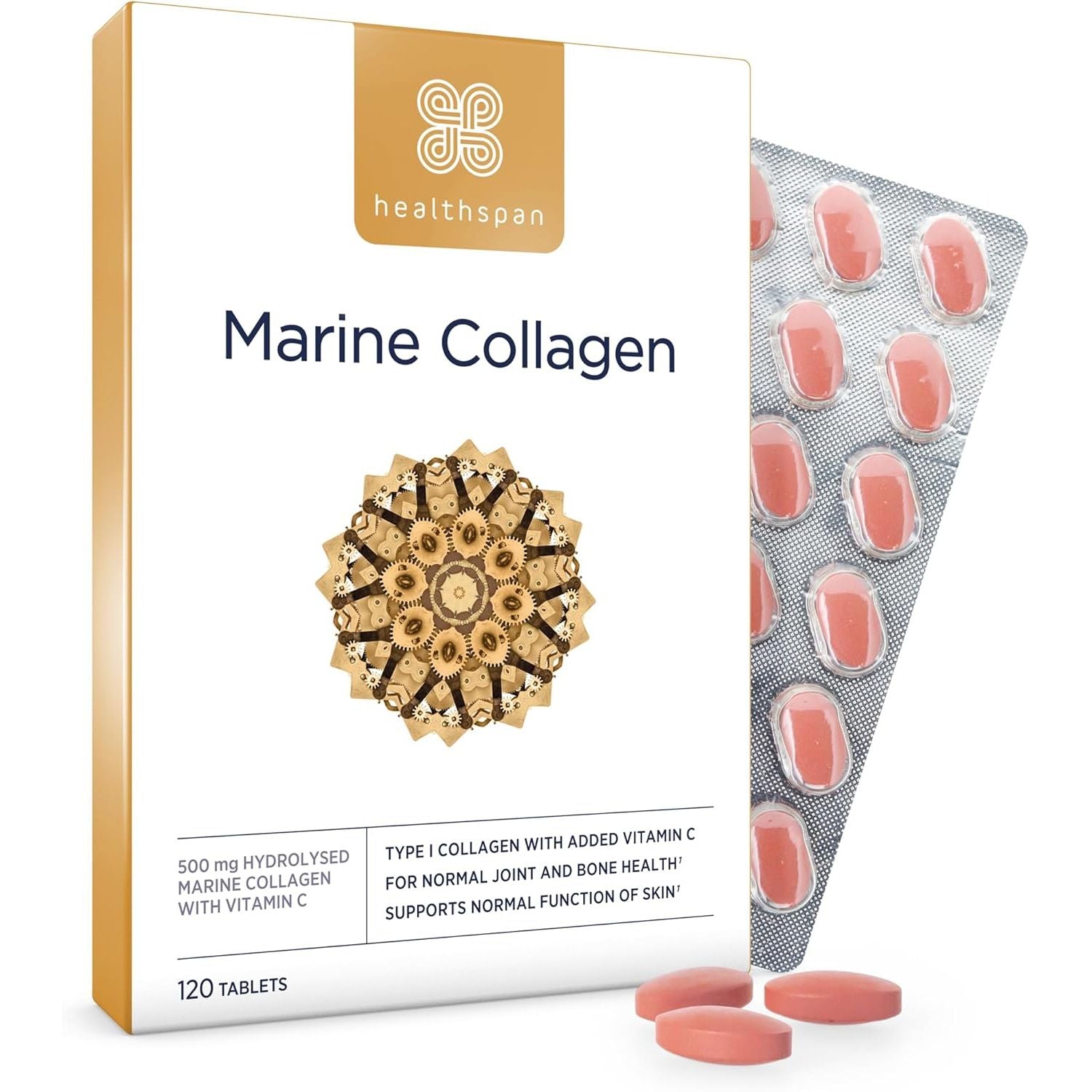 Healthspan Marine Collagen 500Mg (120 Tablets) | Hydrolysed Type I Marine Collagen | Support Your Skin, Bones & Joints | Added Benefits for Skin & Beauty | with Vitamin C
