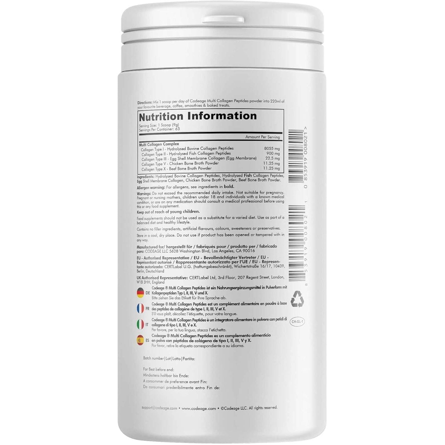 Codeage Multi Collagen Protein Powder Peptides, 2-Month Supply, Hydrolyzed, Type I, II, III, V, X Grass Fed All in One Super Bone Broth Collagen Supplement, Non-Gmo, 567 Grams