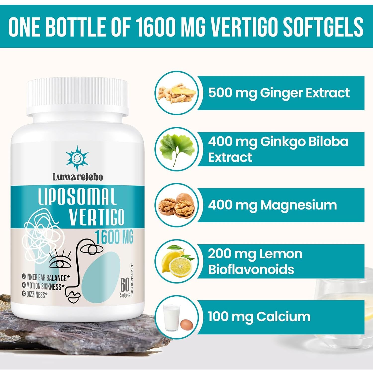Lumarejebo Liposomal Vertigo Softgel 1600Mg, Inner Ear Balance Supplement with Ginger & Ginkgo Extract for Adults, Motion Sickness & Dizziness Balance, 60 Softgels (Pack of 1)