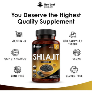 Shilajit Capsules 1400Mg 60% Fulvic Acid - High Strength Himilayan Shilajit, 2 Months Supply Shalajit Resin - Made in the UK Supplement by New Leaf 120 Capsules