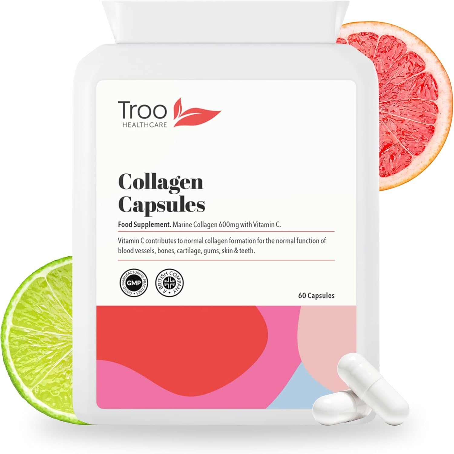 Troo Health Troo Marine Collagen Supplement - 60 High Strength Capsules 1200Mg Serving - Hydrolysed Marine Collagen Peptides with Vitamin C to Support Healthy Skin - UK Manufactured to GMP Standards