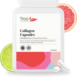 Troo Health Troo Marine Collagen Supplement - 60 High Strength Capsules 1200Mg Serving - Hydrolysed Marine Collagen Peptides with Vitamin C to Support Healthy Skin - UK Manufactured to GMP Standards