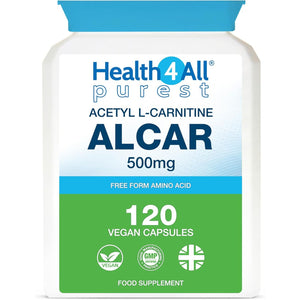Health4All Acetyl L-Carnitine 500Mg 120 Capsules, Purest High Strength ALCAR Amino Acid with No D-Carnitine, Vegan, Gluten-Free, Gmo-Free Acetyl-L-Carnitine Supplement | Made in UK