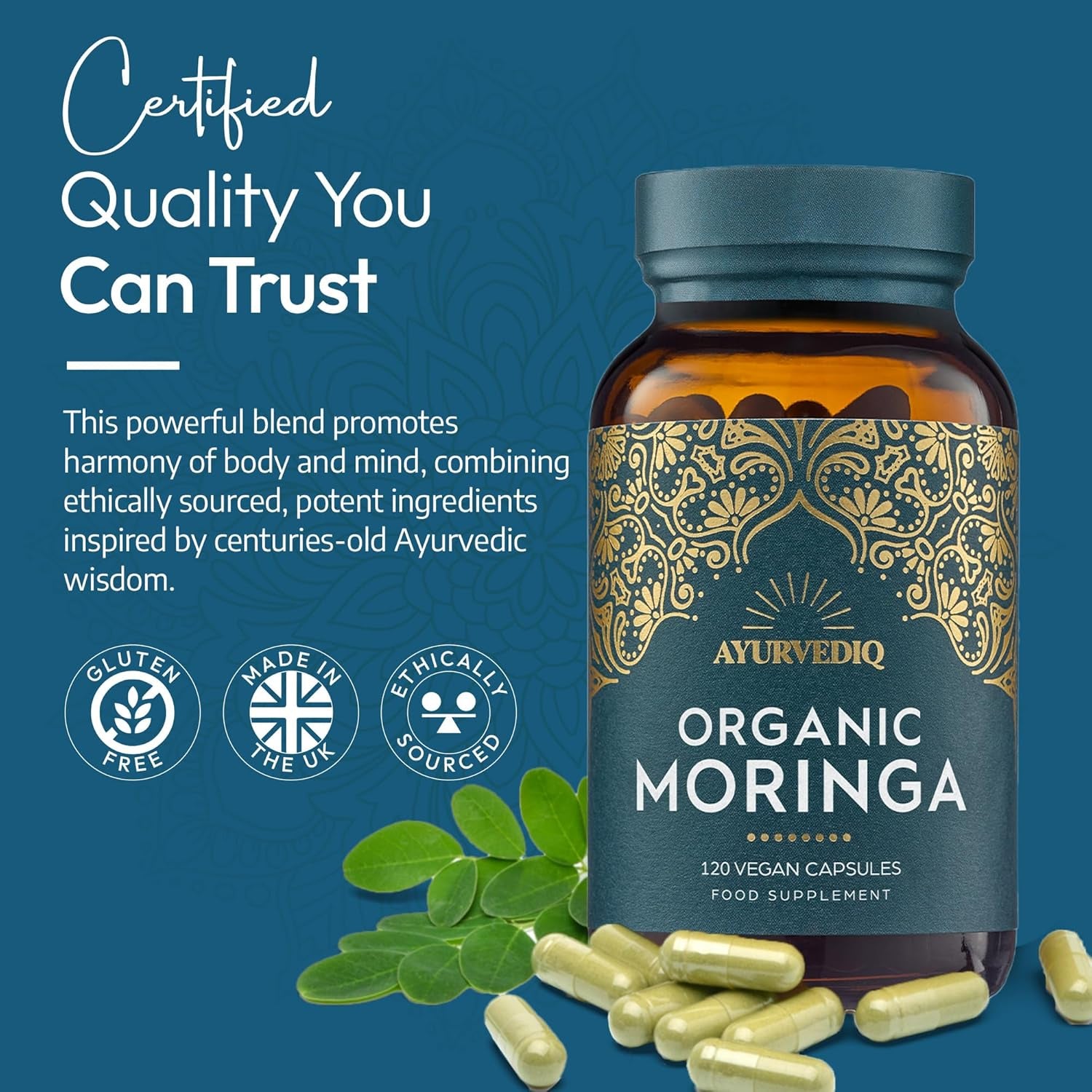 Ayurvediq Wellness Organic Moringa Capsules 500Mg, 120 High Strength Moringa Powder Capsules – Soil Association Certified Moringa Oleifera Powder - Vegan Ayurvedic Products
