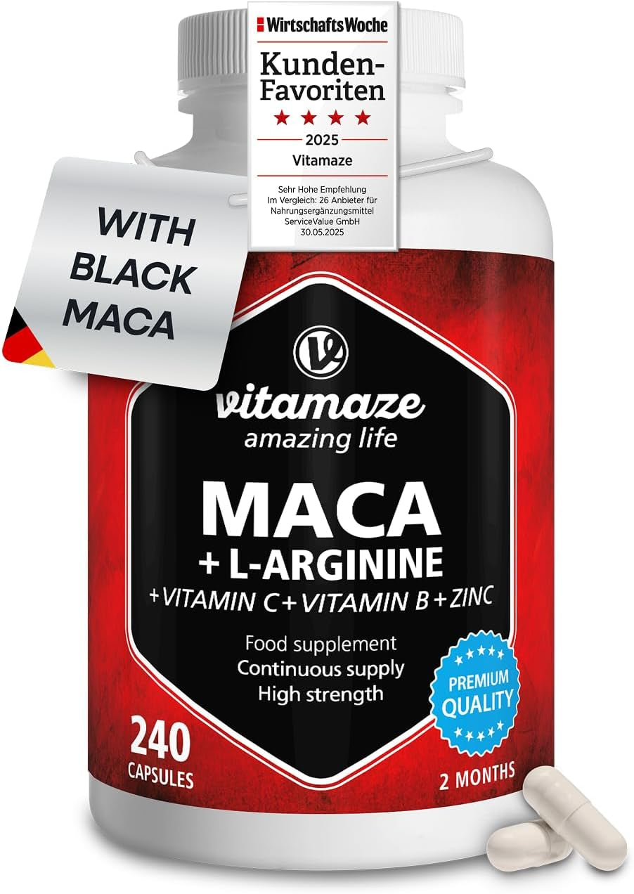 Maca Root Capsules for Women and Men with L-Arginine, B6, B12 and Zinc - Hormonal Balance, Anti-Stress, Energy Booster - 240 Capsules for 2 Months - Organic Supplement, German Quality- Vitamaze