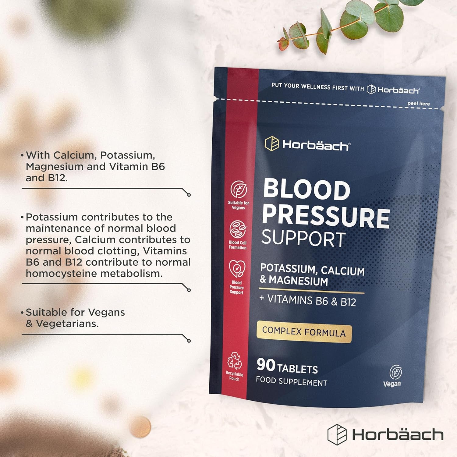 Blood Pressure Tablets | Magnesium Supplement with Potassium & Calcium | Blood Pressure Support | 90 Count | Vegan | by Horbaach