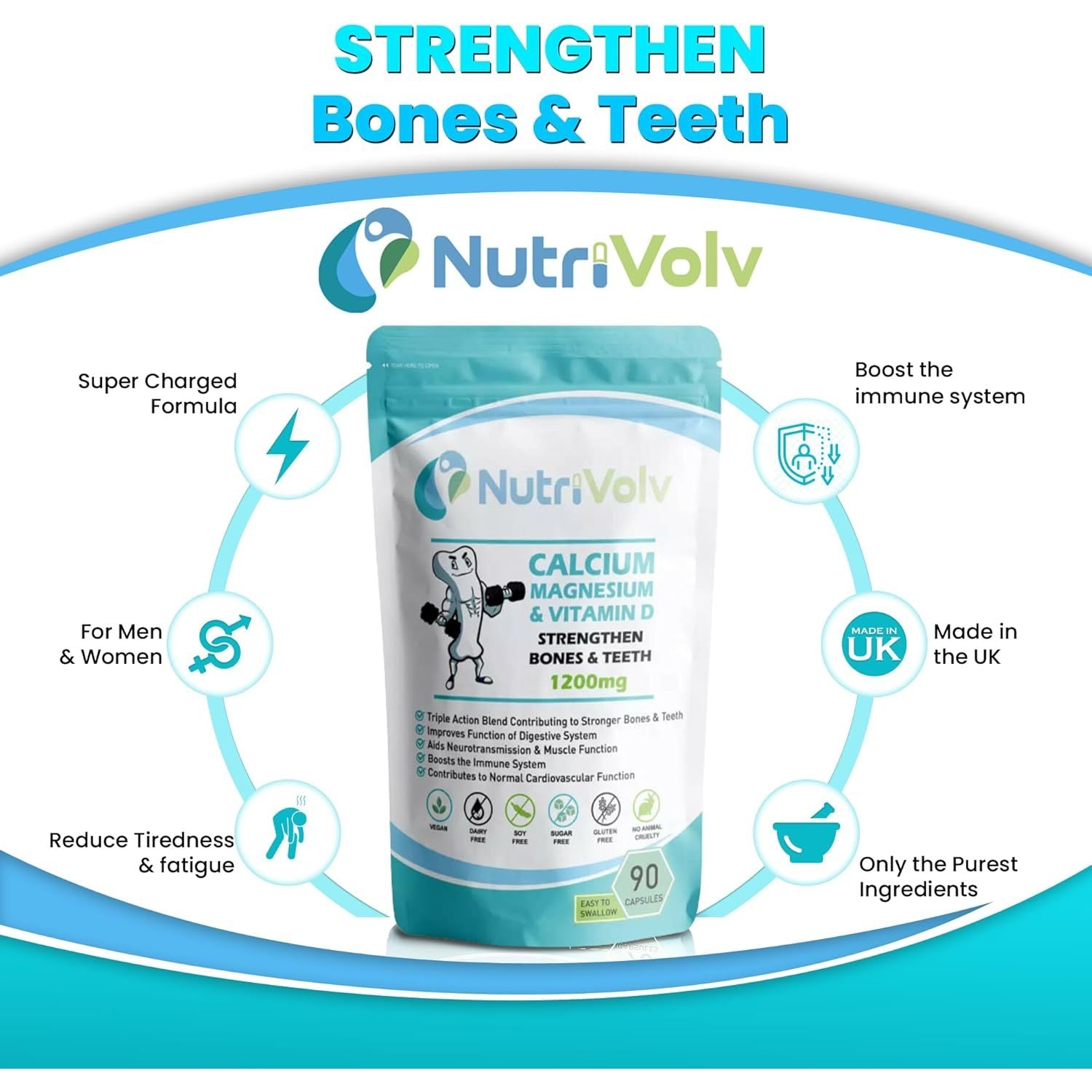 Calcium Magnesium & Vitamin D High Strength Vegan Capsules Strengthen Bones & Teeth & Joints Support | 90 Capsules