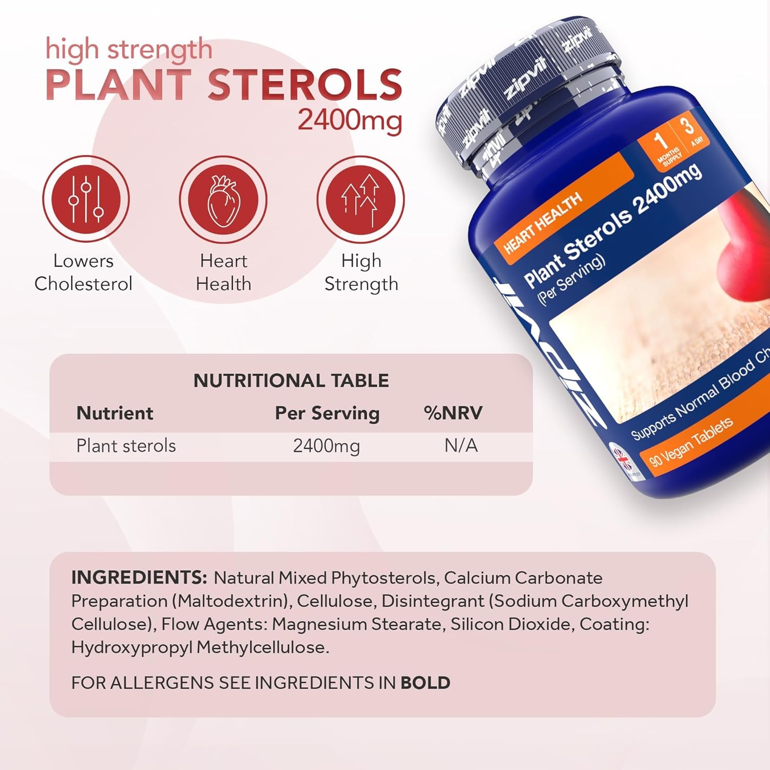 Zipvit Plant Sterols High Strength 2400Mg, 90 Vegan Tablets, Supports Maintenance of Normal Blood Cholesterol, Vegan and Vegetarian Friendly