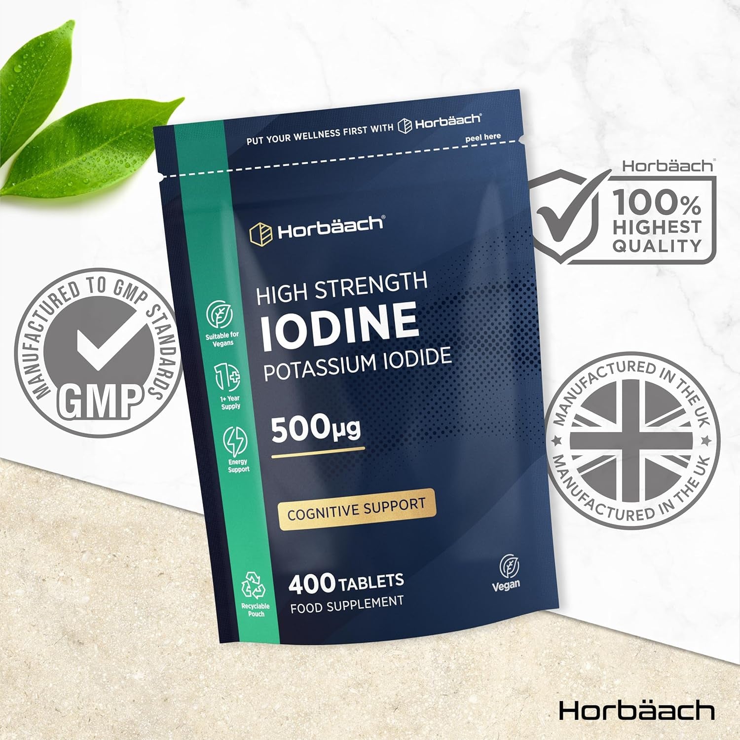 Iodine Supplement 500Mcg | 400 Vegan Tablets (1+ Year Supply) | High Strength Potassium Iodide | by Horbaach