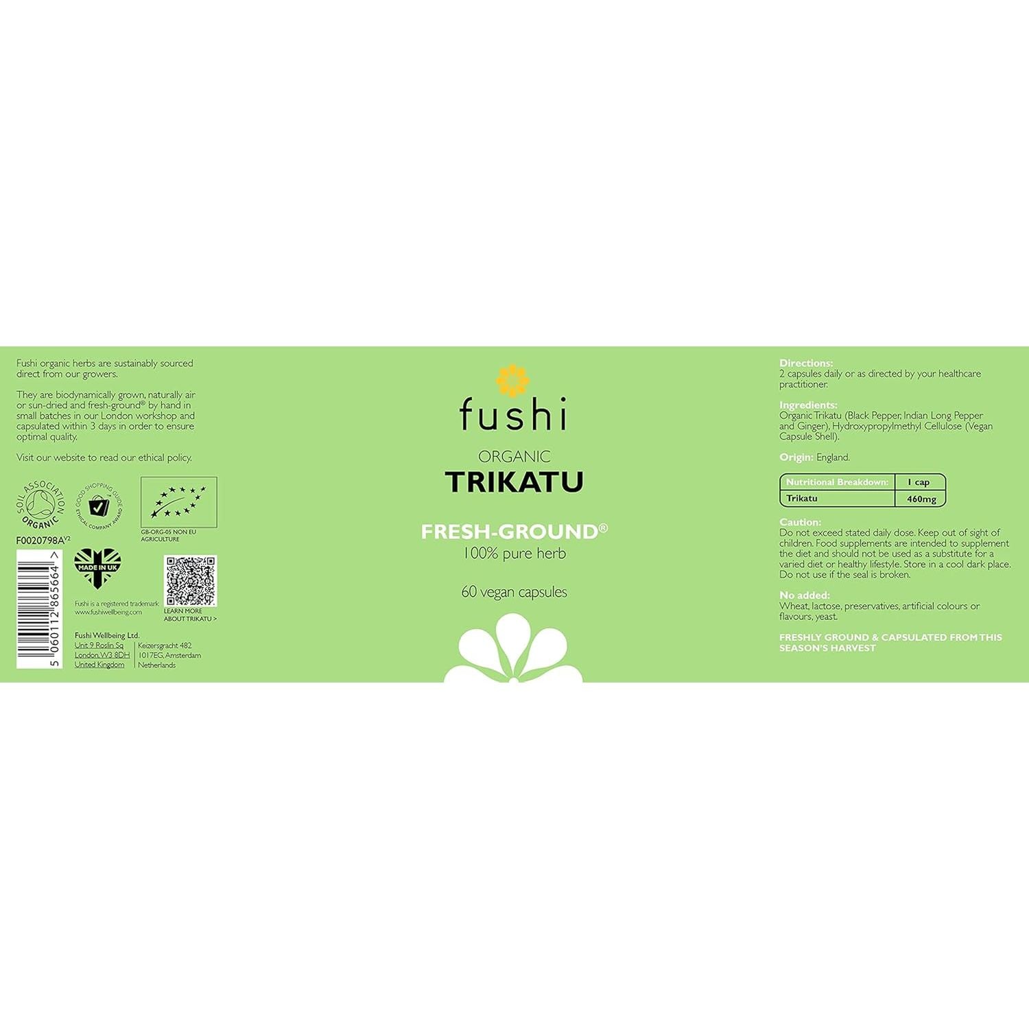 Fushi Organic Trikatu Capsules, 60 Caps | Fresh-Ground Whole Food | Boots Digestion, Improves Metabolism, Weight Loss & Nasal Problems | Ethical & Vegan | Made in the UK