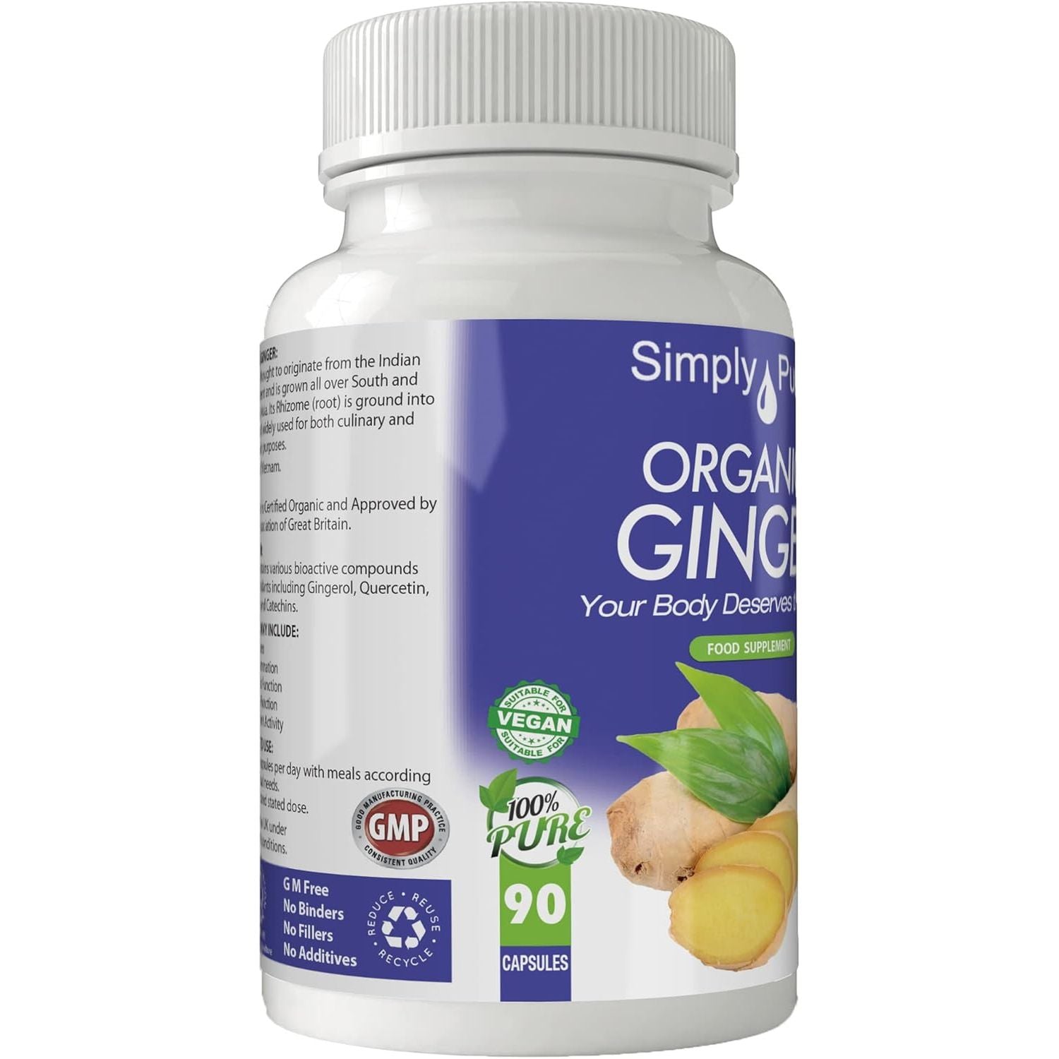Simply Pure Organic Ginger for Digestive Health & Inflammation | 500 Mg X 90 Capsules | 100% Pure Soil Association Certified | Gluten Free | GM Free | Vegan