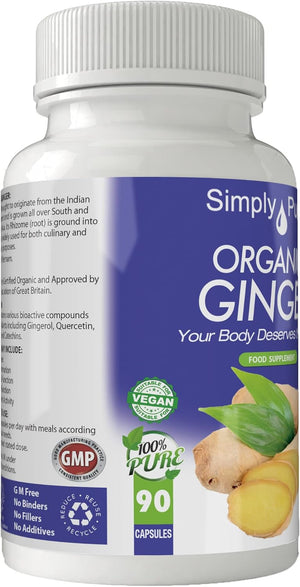 Simply Pure Organic Ginger for Digestive Health & Inflammation | 500 Mg X 90 Capsules | 100% Pure Soil Association Certified | Gluten Free | GM Free | Vegan