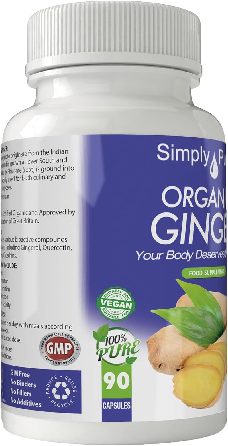 Simply Pure Organic Ginger for Digestive Health & Inflammation | 500 Mg X 90 Capsules | 100% Pure Soil Association Certified | Gluten Free | GM Free | Vegan