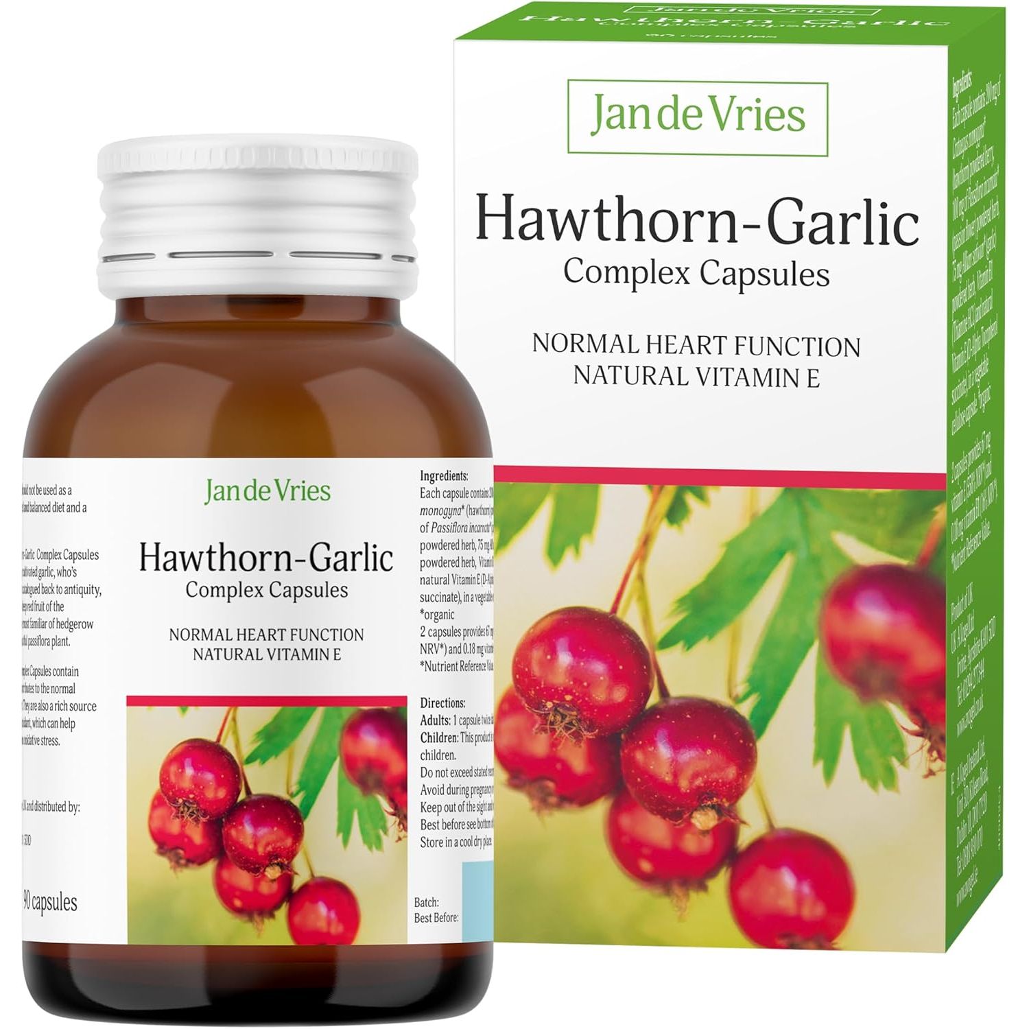 Jan De Vries Hawthorn-Garlic Complex | Rich Source of Natural Vitamin E, an Antioxidant | Contains Vitamin B1 Which Contributes to Normal Heart Function | 90 Capsules