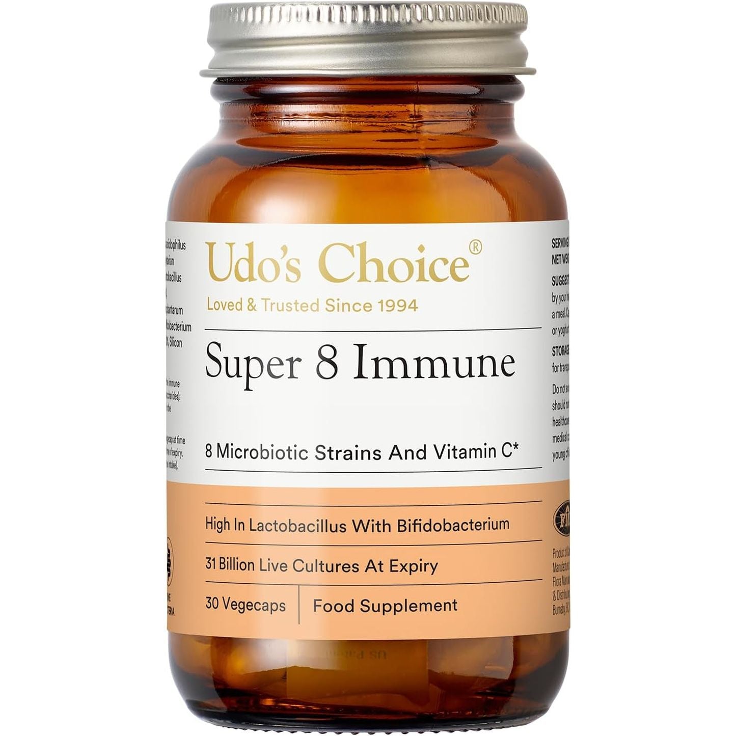 High Strength Probiotics – Udo'S Choice Super 8 Immune – 42 Billion Cell Count with Vitamin C for Immune Support – 8 Human-Adapted Strains – Gut & Digestive Health – 30 Capsules