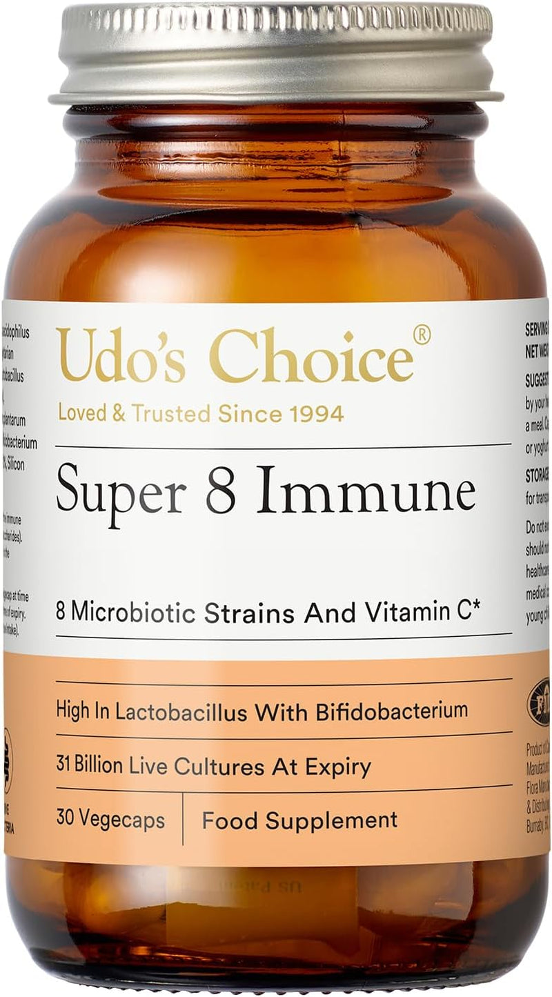 High Strength Probiotics – Udo'S Choice Super 8 Immune – 42 Billion Cell Count with Vitamin C for Immune Support – 8 Human-Adapted Strains – Gut & Digestive Health – 30 Capsules
