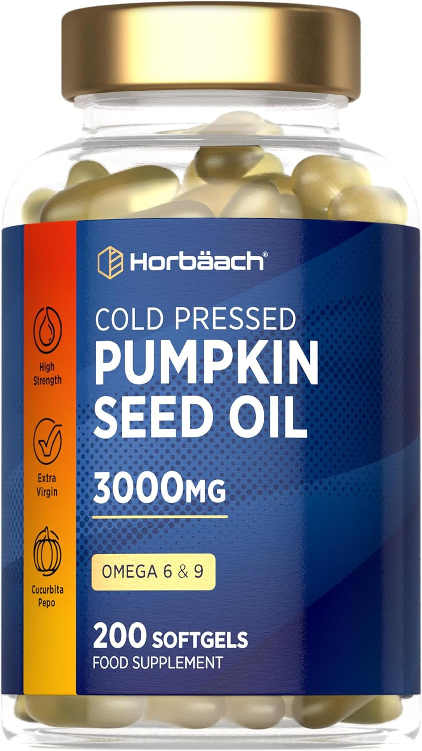 Pumpkin Seed Oil Capsules 3000Mg | Omega 6 and 9 Fatty Acids | Cold-Pressed | High Strength Supplement | 200 Softgels | by Horbaach