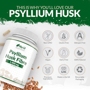 Psyllium Husk Fibre Supplement - 1400Mg per Serving - 240 Vegan Capsules - Natural Soluble Prebiotic Fiber from Plantago Ovata Seeds - Made in the UK - Nu U Nutrition