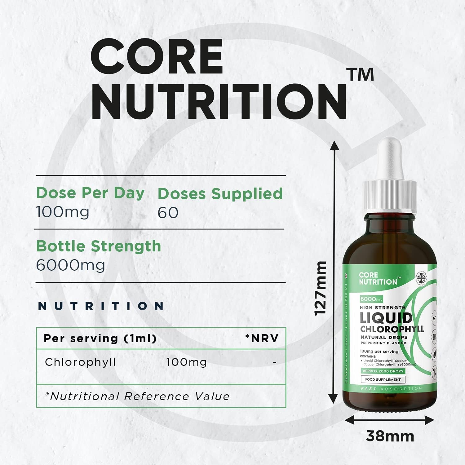 Liquid Chlorophyll Drops for Water - High Strength of 6000Mg per 60Ml Bottle at 4X Concentration - 2 Month Supply of Chlorophyll Liquid Drink - Made in UK by Core Nutrition