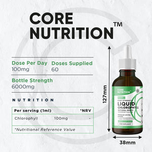 Liquid Chlorophyll Drops for Water - High Strength of 6000Mg per 60Ml Bottle at 4X Concentration - 2 Month Supply of Chlorophyll Liquid Drink - Made in UK by Core Nutrition