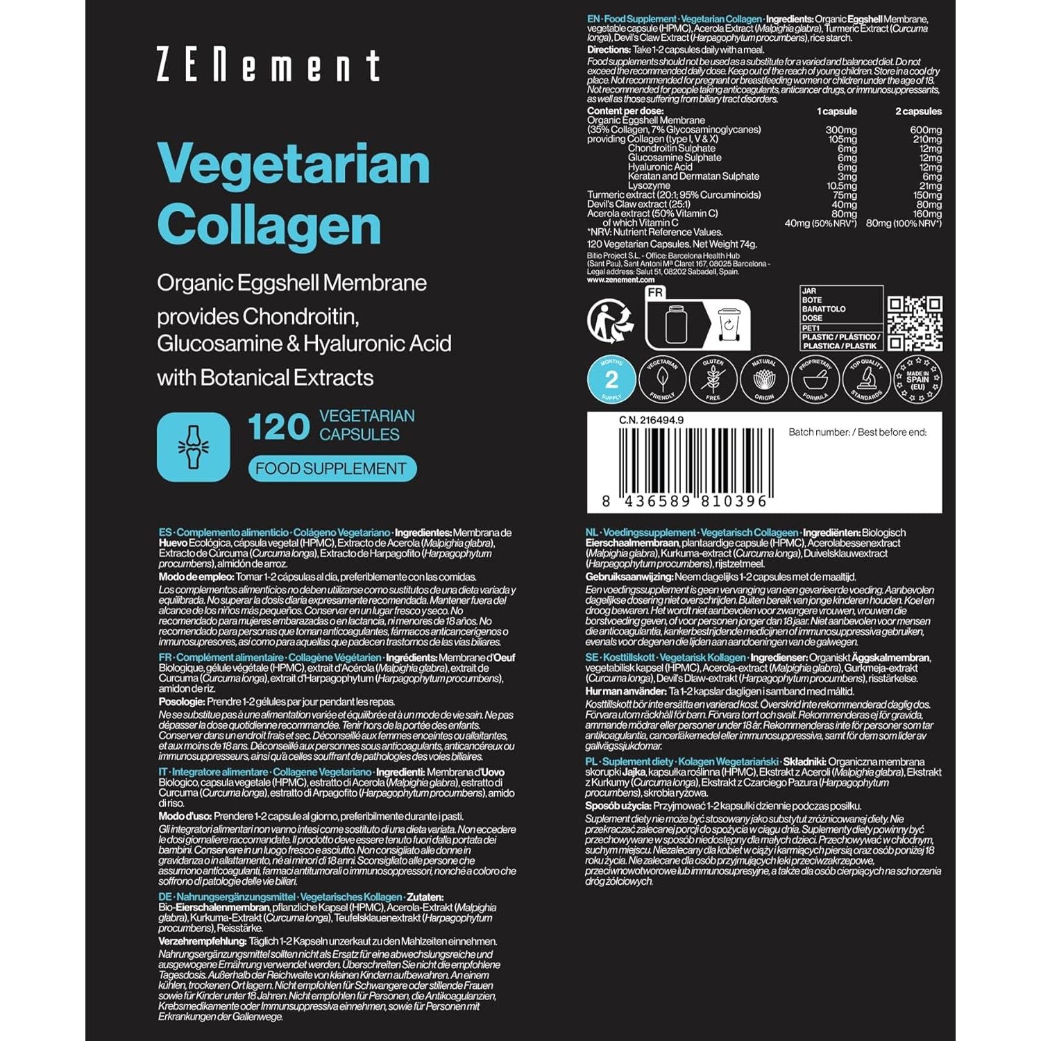 Vegetarian Collagen from Organic Eggshell Membrane – Natural Source of Glucosamine, Hyaluronic Acid and Chondroitin, with Botanical Extracts – for Joints and Skin – 120 Vegetarian Capsules