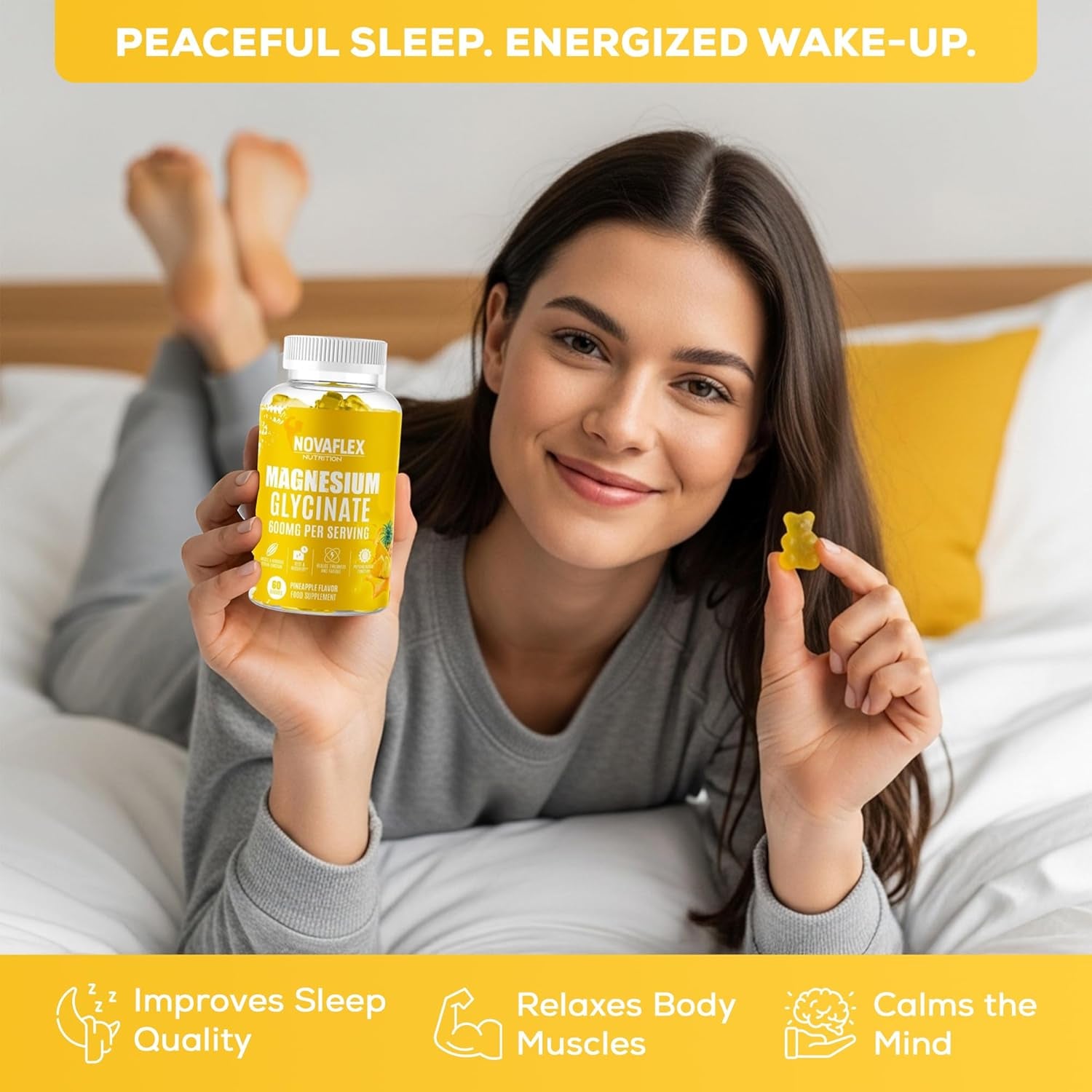 Novaflex Nutrition - Magnesium Glycinate Gummies 600Mg – High Absorption Magnesium with Calcium, Vitamin D & B6 – Pineapple Flavour, 60 Vegan Gummies – Supports Energy & Muscle Function