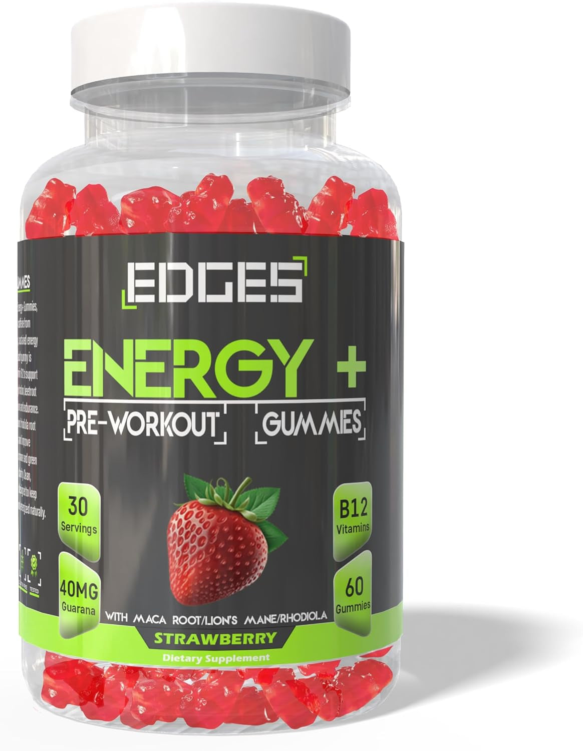 Edges Energy Gummies 60 Guarana Gummies for Men & Women - Guarana Energy Gummies - Strawberry Flavoured Pre-Workout - Gym Supplement - with B12 Vitamins, Lion'S Mane and Maca Root