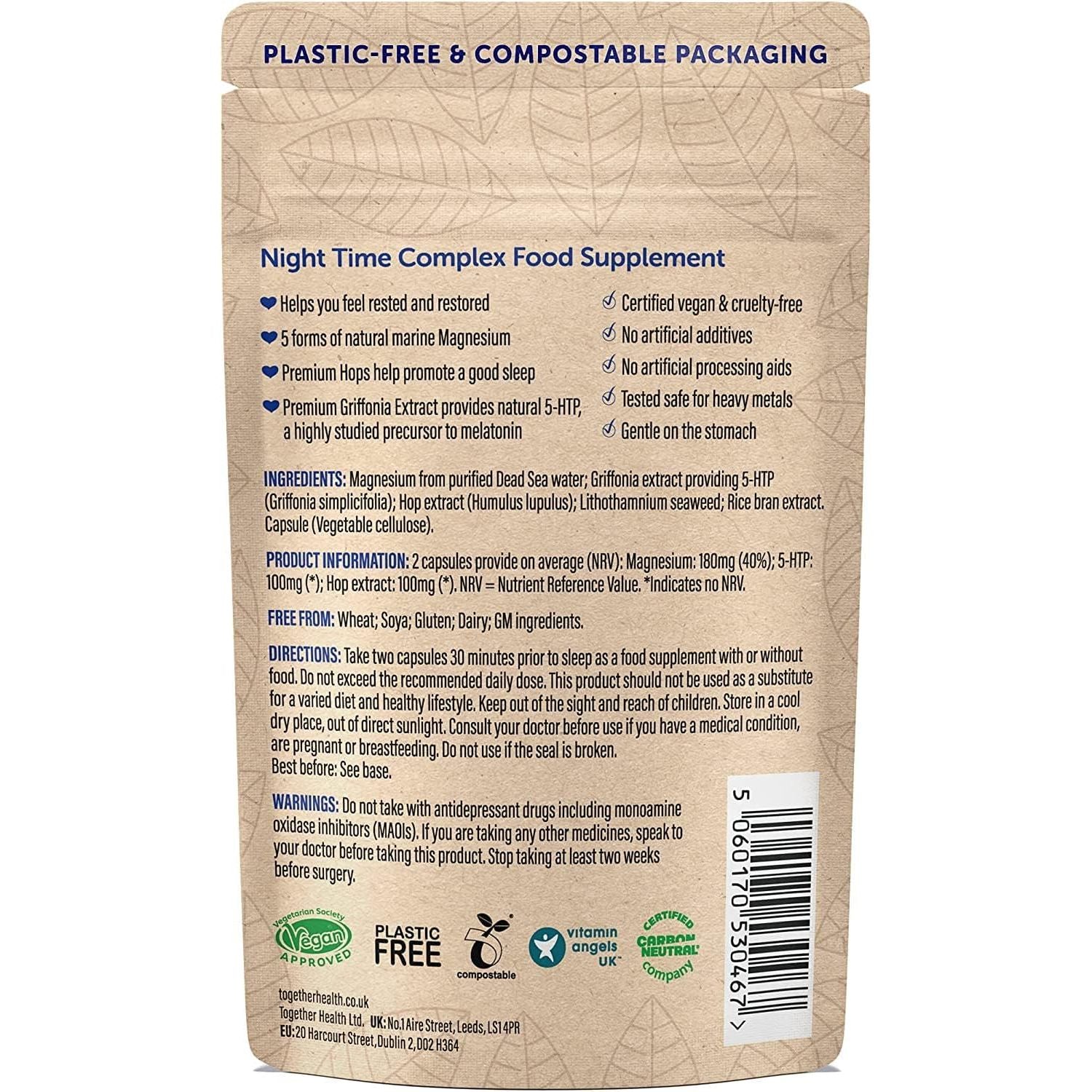 Night Time Complex – Together Health – Marine Magnesium – Griffonia & Hops Extracts – Vegan Friendly – Made in the UK - 60 Vegecaps