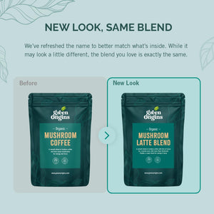 Green Origins Organic Super Mushroom Mocha Latte Blend with Lion'S Mane, Coffee & Cacao for Energy & Focus |10 Servings, 100G | Vegan, Dairy Free, Gluten Free, Kosher, No Added Sugar