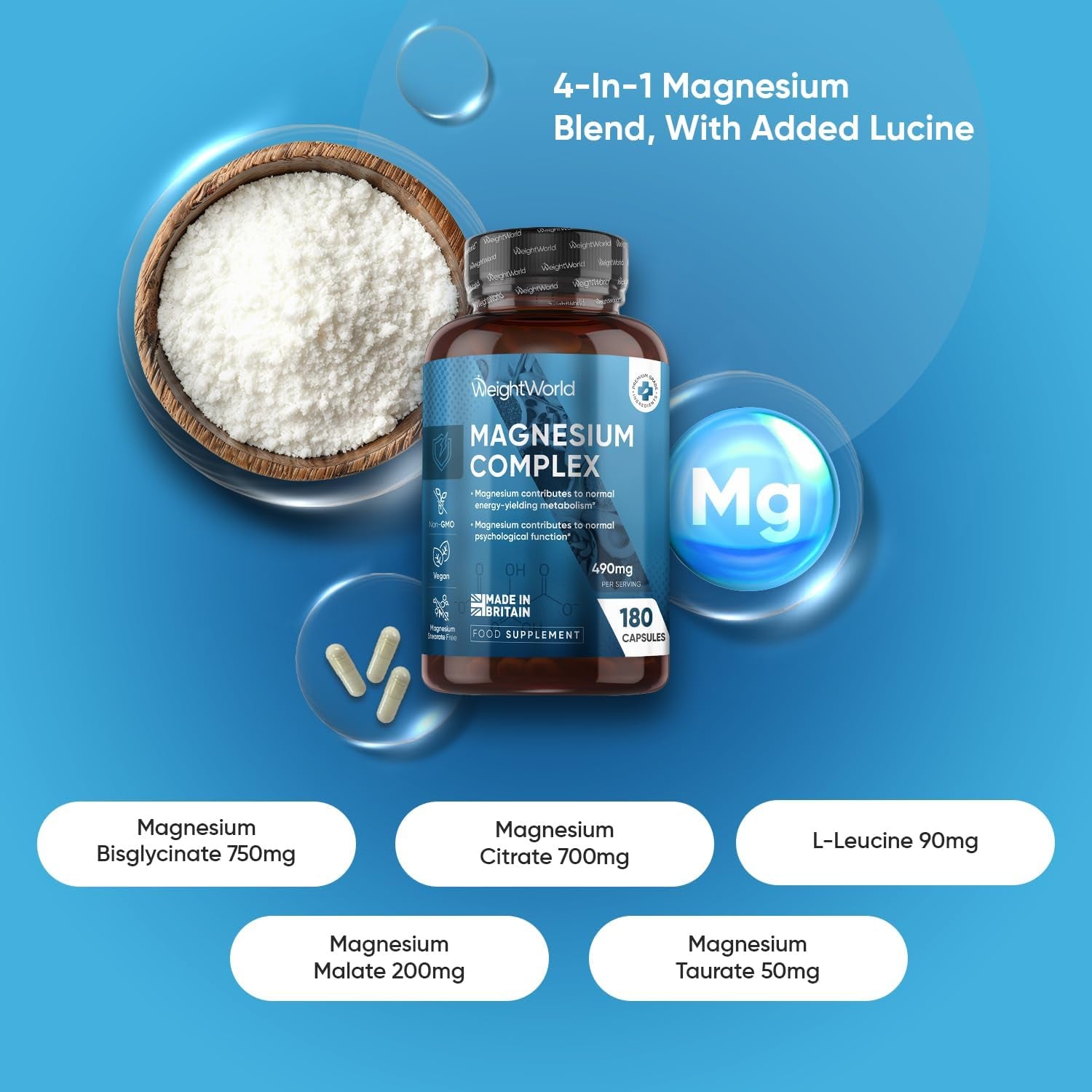 Magnesium Glycinate 4-In-1 Complex | 180 Capsules | 400Mg Elemental Magnesium | 3 Months Supply | with Citrate, Bisglycinate, Taurate & Malate | Added L-Leucine 90Mg | Vegan & Non-Gmo | Made in the UK
