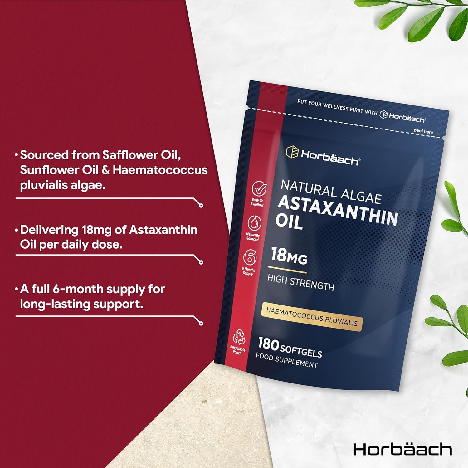 Astaxanthin Supplement 18Mg | 180 High Strength Softgels | Naturally Sourced from Haematococcus Pluvialis Algae | by Horbaach