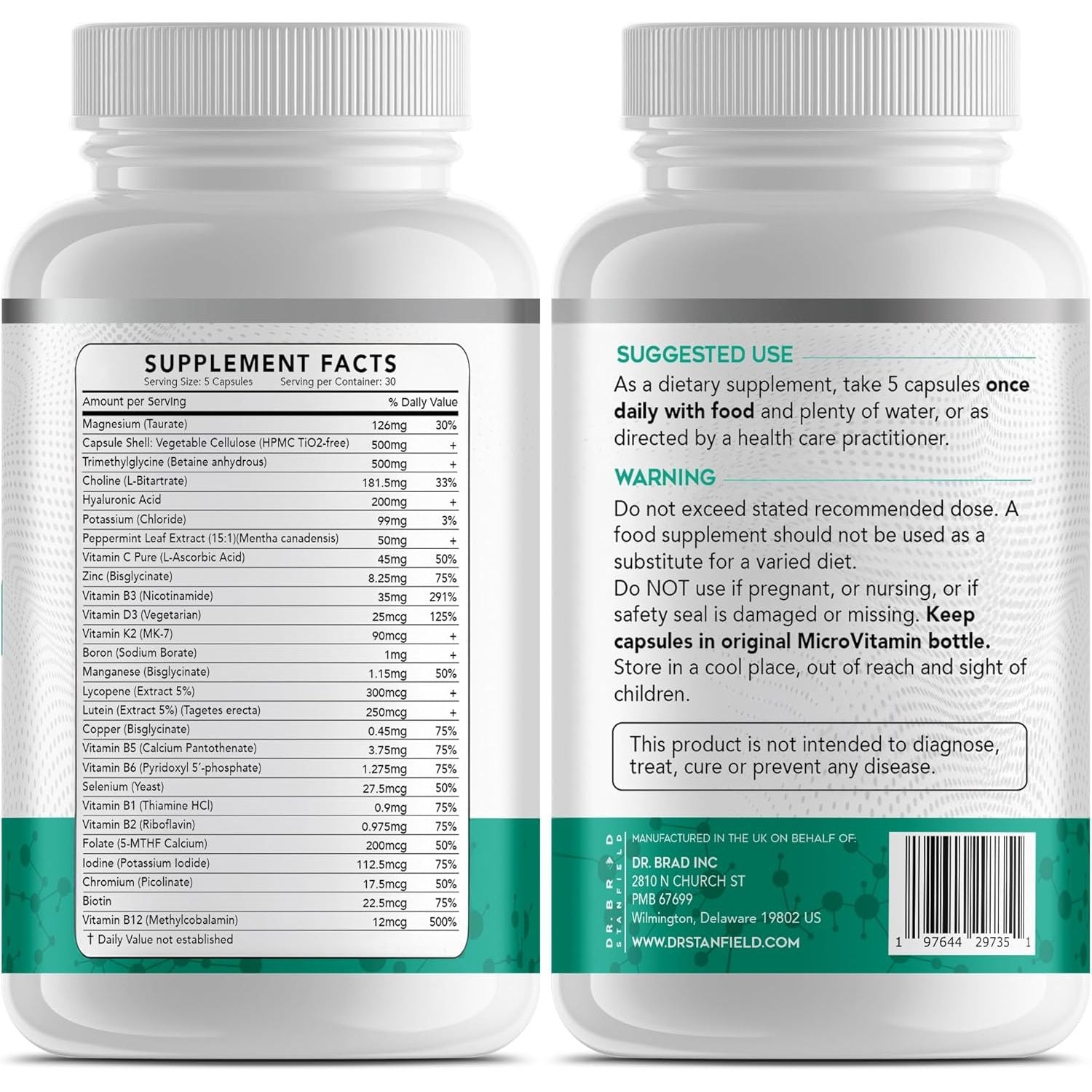 Dr Brad Daily Low Dose Multivitamin & Mineral for Men & Women to Support Cognitive Performance & Memory + Hyaluronic Acid for Skin Health + TMG for Exercise (150 Count)