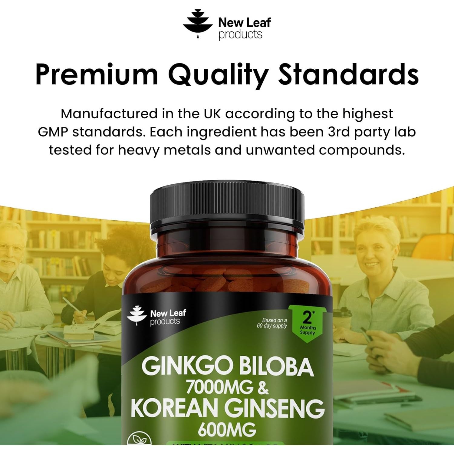 Ginkgo Biloba and Korean Ginseng Tablets - 7000Mg Ginkgo Biloba Herbal Supplements & 600Mg Panax Ginseng High Strength Extract - Enriched with Vitamin B3 & B5-120 Vegan Tablets