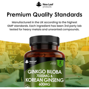 Ginkgo Biloba and Korean Ginseng Tablets - 7000Mg Ginkgo Biloba Herbal Supplements & 600Mg Panax Ginseng High Strength Extract - Enriched with Vitamin B3 & B5-120 Vegan Tablets