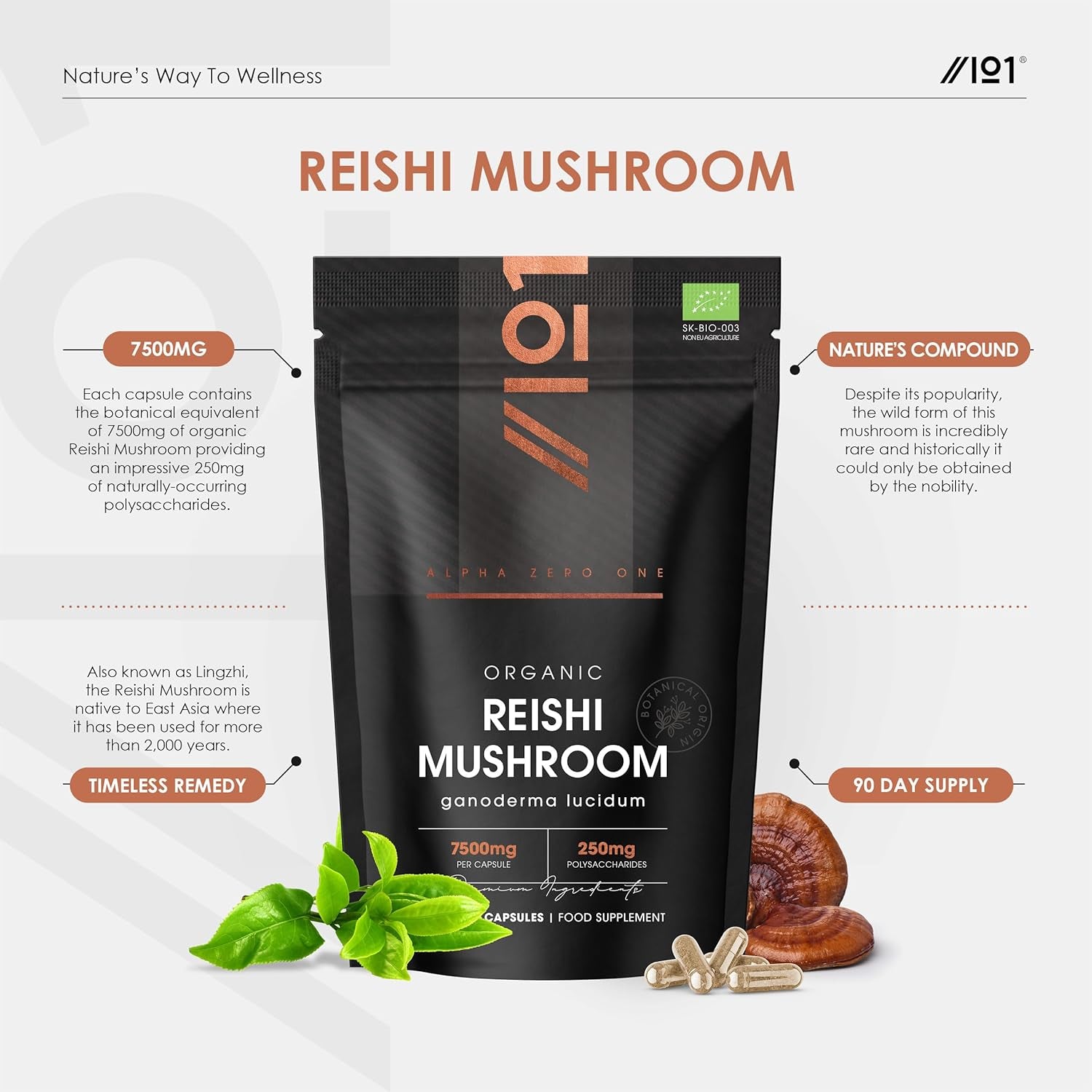 Organic Reishi Mushroom 7500Mg – 50% Polysaccharides High Strength Extract Reishi Mushroom Supplement – 90 Vegan Capsules (3 Months Supply) – by Alpha01