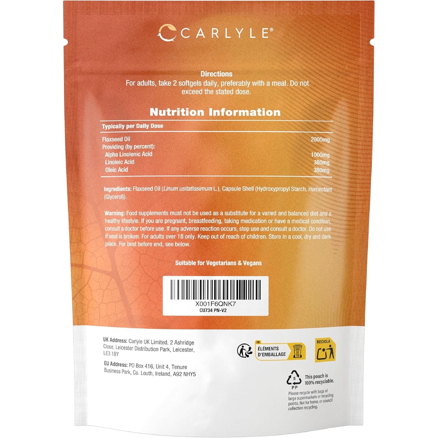 Flaxseed Oil Capsules 2000Mg | 120 Vegan Softgels | High Strength Supplement with Omega 3 6 & 9 | Cold Pressed | by Carlyle