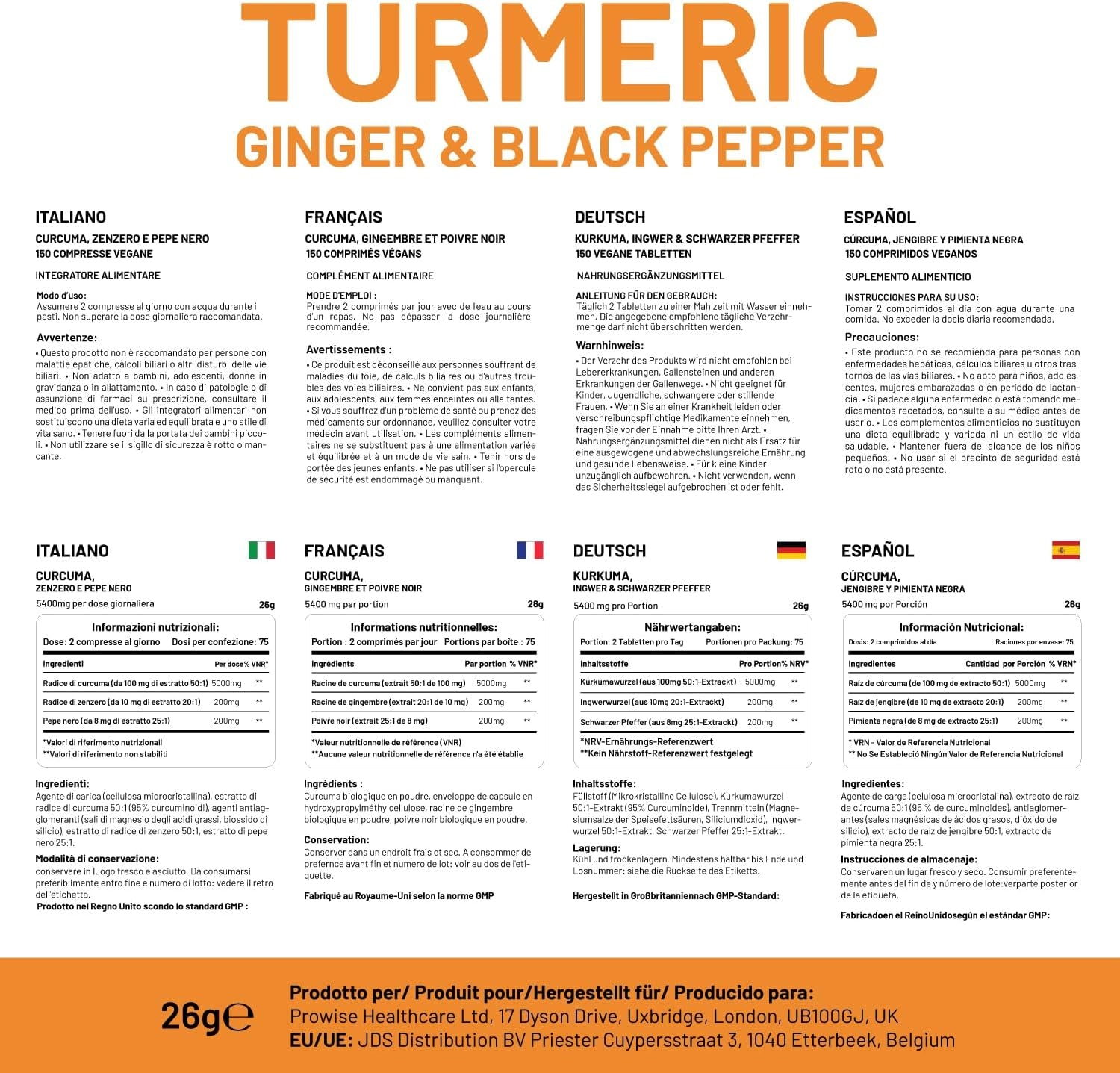 Turmeric Tablets 5400Mg with Black Pepper, Ginger - High Strength Turmeric 95% Curcumin Supplements | 150 Easy Swallow Tablets (Not Capsules or Powder) - Letterbox Friendly - Made in UK - Prowise