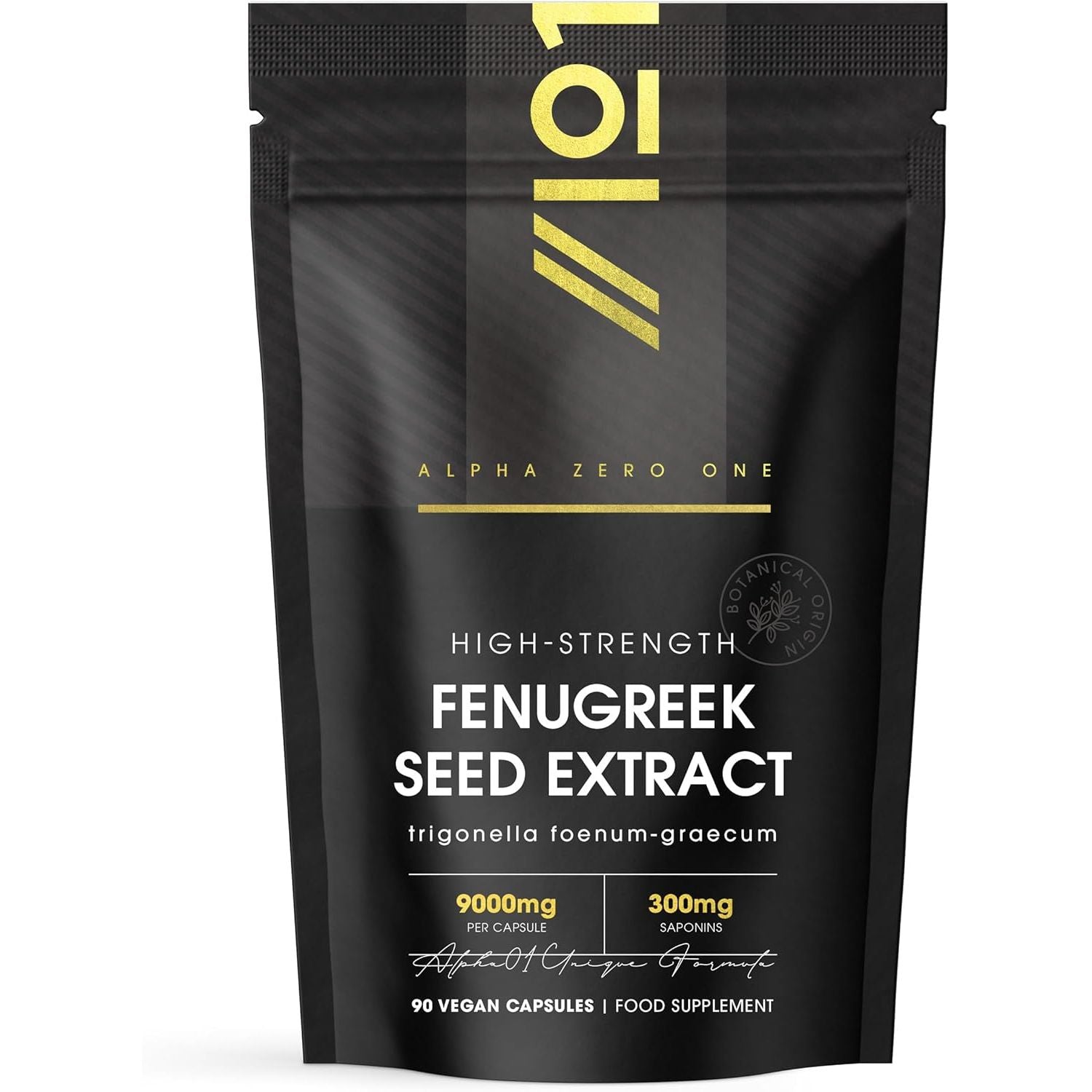 Fenugreek Seed Extract 9000Mg - High Strength 50% Saponins (300Mg) - 90 Vegan Capsules (3 Months Supply) - Resealable and Recyclable Pouch - by Alpha01