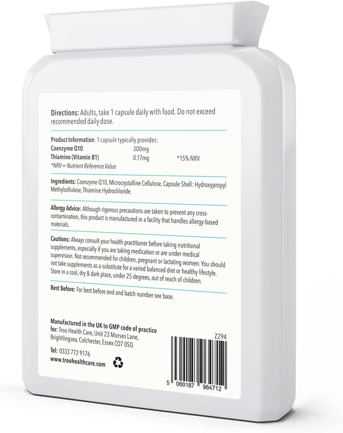 Troo Health Coq10 Supplement 300Mg plus - 60 Capsules - High Strength Trans Form Co Enzyme Q10 Enhanced with Vitamin B1 to Support Healthy Heart Function & Energy Metabolism - 2 Month Supply – UK Made