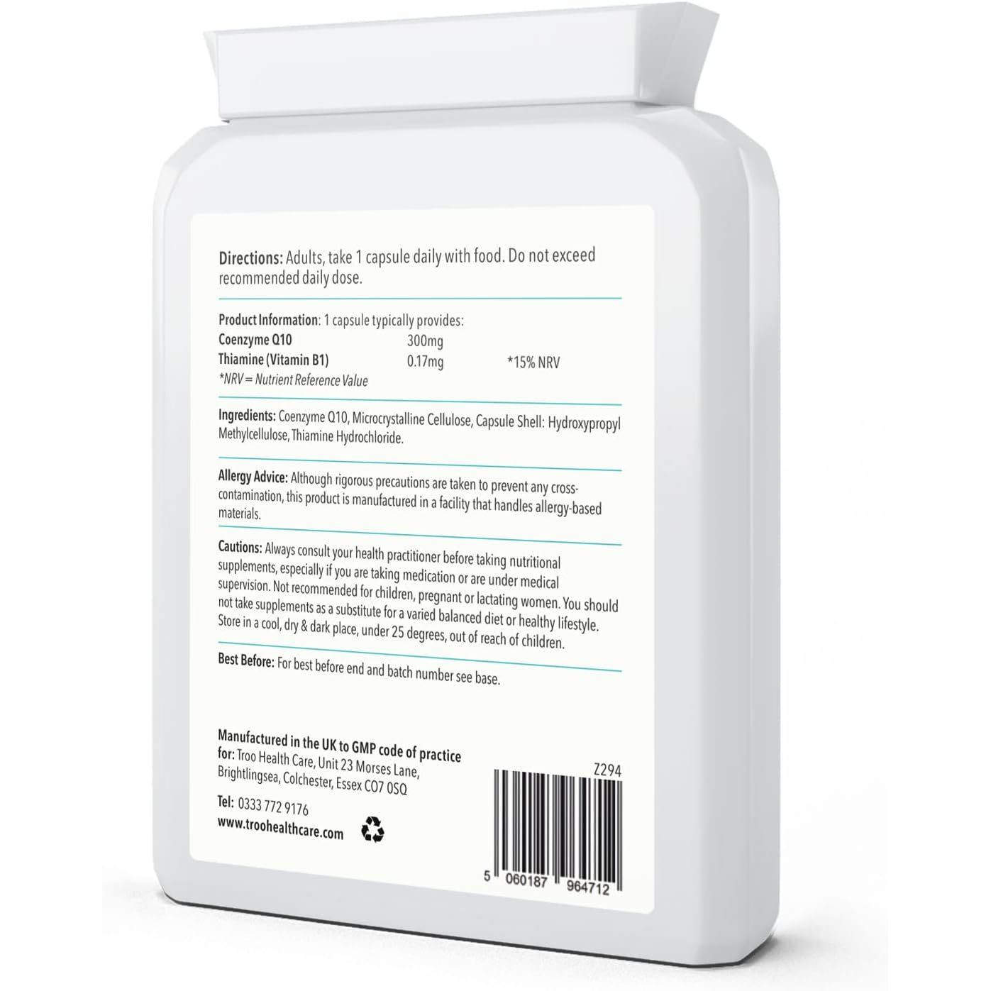 Troo Health Coq10 Supplement 300Mg plus - 60 Capsules - High Strength Trans Form Co Enzyme Q10 Enhanced with Vitamin B1 to Support Healthy Heart Function & Energy Metabolism - 2 Month Supply – UK Made