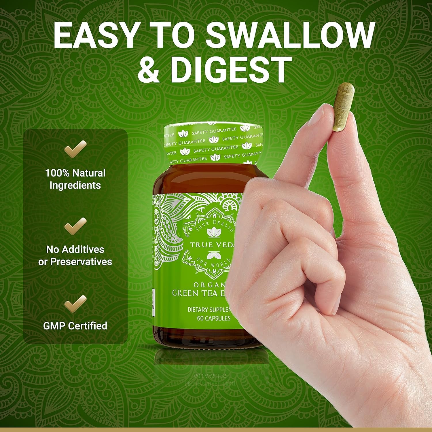 Organic Green Tea Extract Capsules - Certified Organic by Soil Association | 100% Natural Supplement | Natural Low Caffeine Source | Vegan | Ayurveda | 60 Easy Swallow Green Tea Tablets | Made in UK